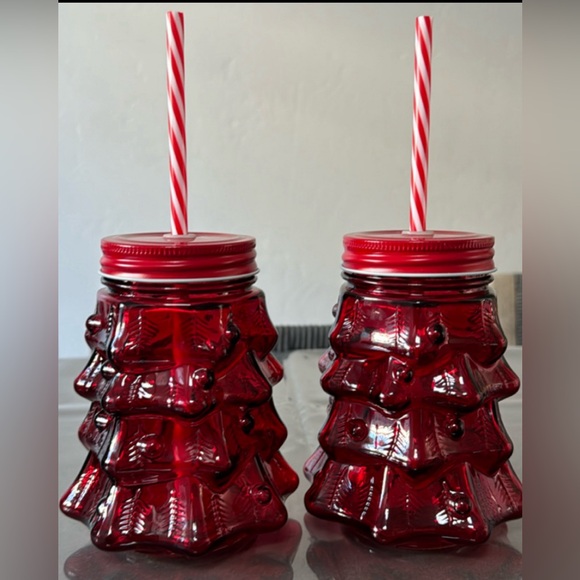 Christmas Holiday Time XMAS Tree Mason Jars Clear with Red Lid & Straw. - Picture 1 of 5